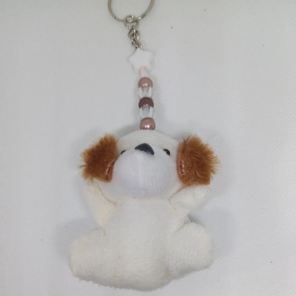 Beaded Puppy Dog Key Chain Backpack Clips White And Brown Ears